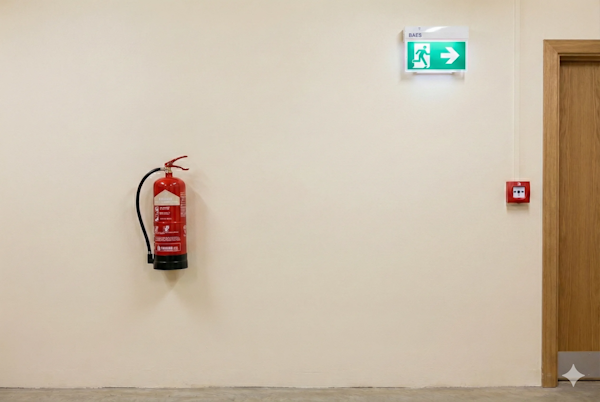 Équipements obligatoires sécurité incendie ERP 5ème catégorie local associatif : Extincteur à eau pulvérisée 6L, Bloc de secours (BAES) et Alarme Incendie Type 4 positionnés près de la sortie.