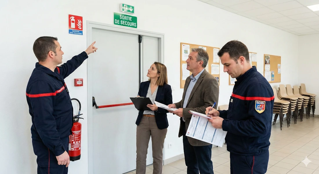 Membres de la commission de sécurité lors d'une visite de contrôle dans un local associatif