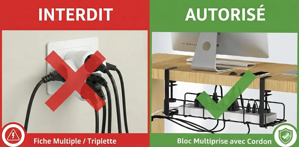 Comparaison fiche multiple interdite vs multiprise socle autorisée en ERP