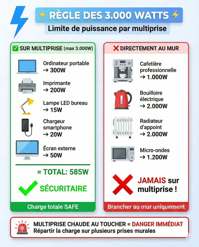 Infographie règle 3000 watts multiprise ERP appareils chauffants brancher au mur