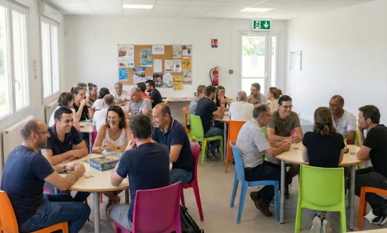 Salle de réunion d'association avec chaises et tables, soumise à la réglementation ERP
