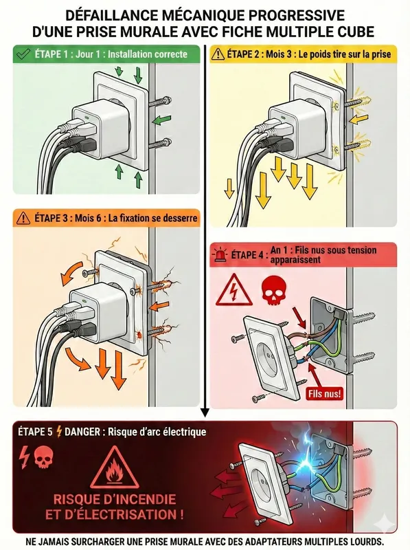 Schéma évolution risque arrachement fiche multiple ERP arc électrique fils nus