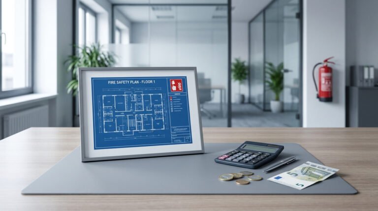 Un plan de sécurité incendie encadré, une calculatrice, un stylo et des billets en euros sur un bureau de bureau moderne.