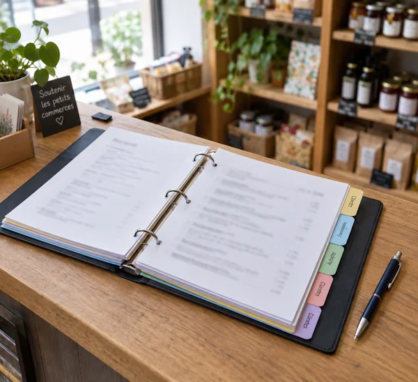 Classeur ouvert posé sur le comptoir d'un petit commerce, avec des intercalaires et des feuilles rangées, à côté d'un stylo
