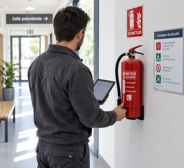 Technicien en tenue de travail contrôlant un extincteur mural dans le couloir d'un établissement, une tablette à la main